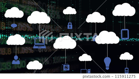 Image of cloud icons and data processing over stock market on black background 115911275