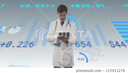 Image of financial data and graphs over caucasian male doctor 115911276