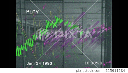 Image of interference with purple lines and data processing over building interior 115911284