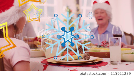 This image features a digital image of stars falling over a happy caucasian family wearing santa hat This image features a digital image of stars falling over a happy caucasian family wearing santa hat 115911289
