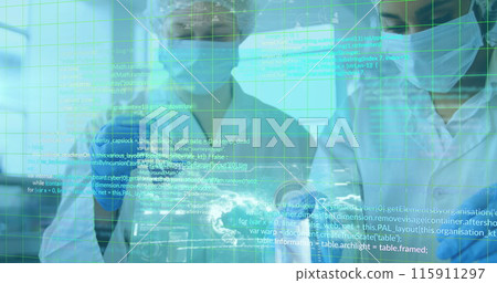 Grid lines and data processing over  two caucasian female scientists in a laboratory 115911297