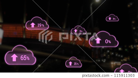 Image of cloud icons with numbers and data processing over stadium Image of cloud icons with numbers and data processing over stadium 115911303