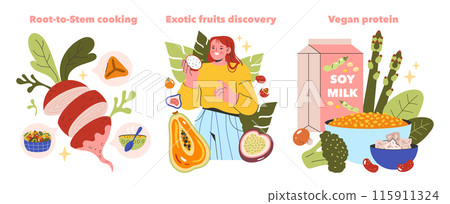 Emerging Ingredients Concept set. A fresh take on whole food utilization, exploring exotic fruits, and incorporating vegan proteins. Celebrating culinary innovation. Vector illustration 115911324