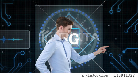 Image of scope scanning and data processing with 6g text over caucasian businessman Image of scope scanning and data processing with 6g text over caucasian businessman 115911328