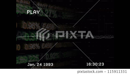 Image of interference over data processing and stock market on black background 115911331