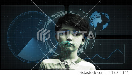 Image of scope scanning and data processing over caucasian boy 115911345