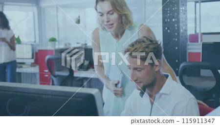 Image of data processing over diverse business people in office 115911347