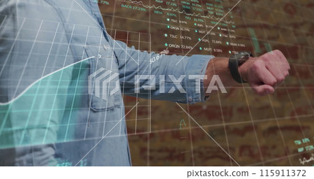 A businessman is using a smartwatch and a digital tablet with a stock market display A businessman is using a smartwatch and a digital tablet with a stock market display 115911372