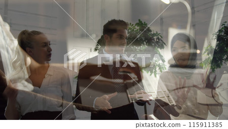 Image of caucasian businesswoman using computer over diverse business people talking 115911385