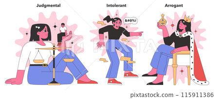 Negative Personality Traits collection. Characters exemplifying judgment, intolerance, and arrogance. A study in critical, dismissive, and superior attitudes. Flat vector Negative Personality Traits collection. Characters exemplifying judgment, intolerance, and arrogance. A study in critical, dismissive, and superior attitudes. Flat vector 115911386