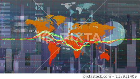 Image of statistical data processing over world map against aerial view of cityscape Image of statistical data processing over world map against aerial view of cityscape 115911409
