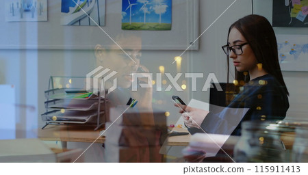 Image of global network processing data over business people in office Image of global network processing data over business people in office 115911413