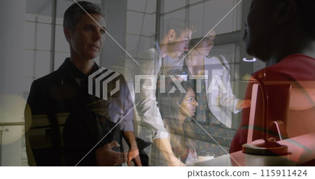 Image of caucasian businesswoman over diverse business people in office 115911424