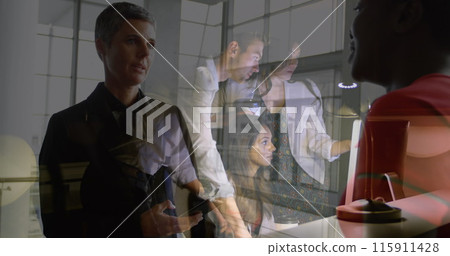 Image of caucasian businesswoman over diverse business people in office Image of caucasian businesswoman over diverse business people in office 115911428
