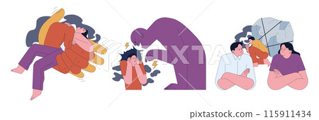 Human fears set. Scared characters confronting personal inadequacies and control issues. Inadequacy and dependence phobias. Flat vector illustration Human fears set. Scared characters confronting personal inadequacies and control issues. Inadequacy and dependence phobias. Flat vector illustration 115911434