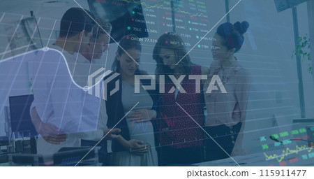 Image of financial data processing over diverse colleagues talking to pregnant woman at office 115911477