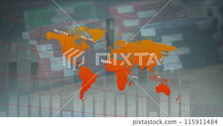 Image of statistical data processing over world map against poker chips ad playing cards 115911484