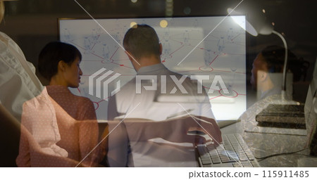 Image of diverse business people talking over caucasian businesswoman using computer 115911485