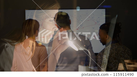 Image of diverse business people talking over caucasian businesswoman using computer 115911490