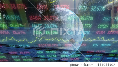 Image of stock market data processing and spinning globe against man in swimming pool 115911502