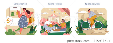 Spring Vibes set. Trendsetting fashion shopping, communal festival joy, and leisure cycling with pets. Vibrant springtime energy. 115911507