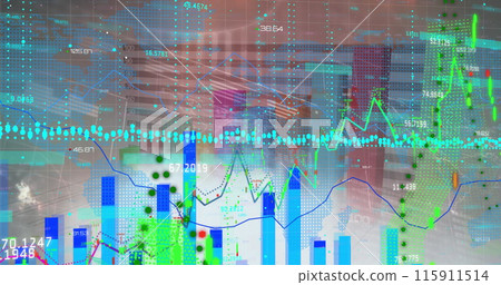 Image of financial and statistical data processing over world map against grey background 115911514