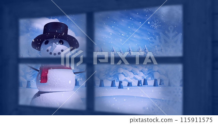 Image of shooting star and window over snowman in winter scenery 115911575