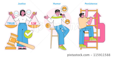 Character Strengths set. Scales of justice, the joy of humor, and the climb of persistence. Vibrant depictions of fairness, laughter, and determination. Vector illustration Character Strengths set. Scales of justice, the joy of humor, and the climb of persistence. Vibrant depictions of fairness, laughter, and determination. Vector illustration 115911588