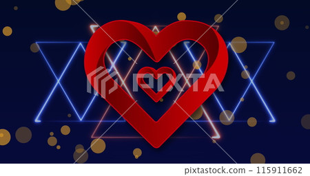 Image of red heart icon over neon light trails and yellow spots against blue background 115911662