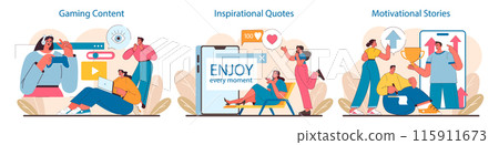 Dynamic Social Media Content set. Interactive gaming streams, life-affirming quotes, and empowering stories. Digital inspirations for play, positivity, and personal growth. Flat vector illustration. 115911673