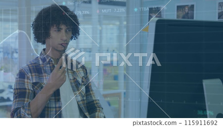 Image of financial data processing over biracial businessman in office 115911692