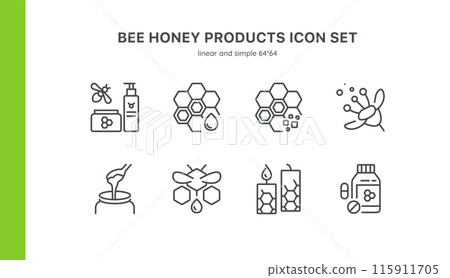 Bee Honey Products Vector Icons Set. Illustrations of Honey Jars, Honeycomb, Beeswax Candles, Pollen, Honey Cosmetics, and Supplements. Editable Linear Collection. 115911705