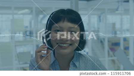 Image of financial data processing over biracial businesswoman in office 115911706
