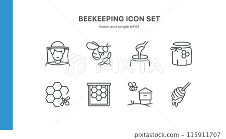 Beekeeping Vector Icons Set. Illustrations of Beekeepers, Bees, Honey Production, Honey Jars, Honeycomb, Beehives, and Beekeeping Equipment. Includes detailed symbols for each aspect of beekeeping.  115911707