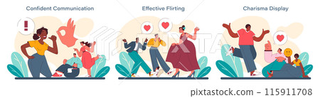 Rizz concept set. Vibrant visuals of confident communication, effective flirting, and charisma. Engaging encounters and expressive interactions. Vector illustration. 115911708