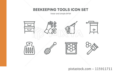 Beekeeping Tools Vector Icons Set. Essential Beekeeping Equipment, Honey Production Tools, Hive Management, Beekeeper Accessories. Editable Linear Collection. Beekeeping Tools Vector Icons Set. Essential Beekeeping Equipment, Honey Production Tools, Hive Management, Beekeeper Accessories. Editable Linear Collection. 115911711
