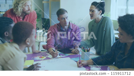 A group of diverse business people are discussing work during a meeting at the office 115911712
