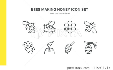 Bees Making Honey Icon Set. Illustrations of Bees, Honeycomb, Flowers, Honey Jar, Honey Dipper, and Beehive. Perfect for Beekeeping and Honey Production Themes. Editable Linear Collection. 115911713