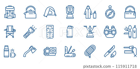 Camping Essentials Vector Icons Set. Illustrations of Gear and Equipment for Camping, Including Backpack, Tent, Lantern, Sleeping Bag. Editable Linear Collection. Camping Essentials Vector Icons Set. Illustrations of Gear and Equipment for Camping, Including Backpack, Tent, Lantern, Sleeping Bag. Editable Linear Collection. 115911718