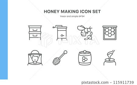 Honey Making Vector Icons Set. Beekeeping Tools, Honey Production, Bees, Honeycomb, Beehives, Honey Extraction, and Beekeeping Equipment. Editable Linear Collection. 115911739