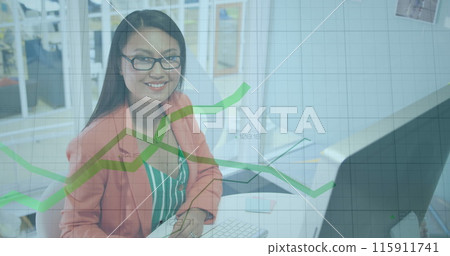 Image of financial data processing over biracial businesswoman in office 115911741