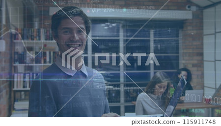 Image of financial data processing over diverse business people in office 115911748