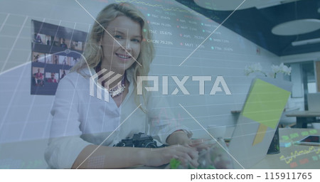 Image of financial data processing over caucasian businesswoman in office Image of financial data processing over caucasian businesswoman in office 115911765