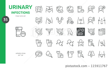 Urinary Infections Vector Icons Set. Symptoms, Diagnosis, Treatment, Urinary Tract Anatomy, and Preventative Measures. Editable Linear Collection. 115911767