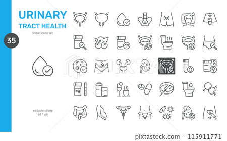 Urinary Tract Health Vector Icons Set. Urinary System Anatomy, Health, Diagnosis, Treatment, and Preventative Care. Editable Linear Symbols Collection on White Background. 115911771