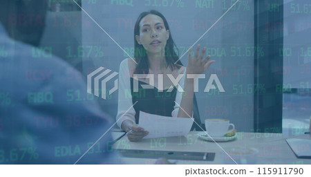 Image of financial data processing over diverse business people in office Image of financial data processing over diverse business people in office 115911790