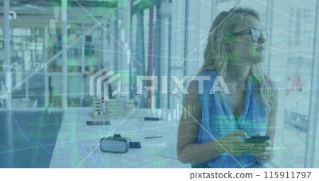 Image of graphs, computer language on caucasian woman using cellphone and looking through window Image of graphs, computer language on caucasian woman using cellphone and looking through window 115911797