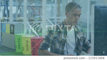 Image of financial data processing over biracial businessman in office 115911808