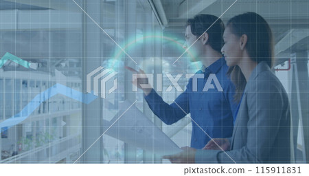 Image of financial data processing over diverse business people working at office 115911831