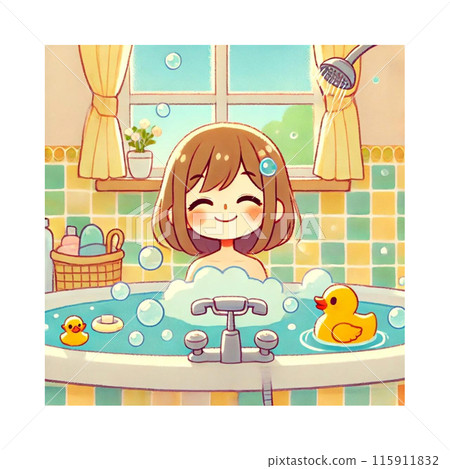 Smiling young woman relaxing in the bath Manga Generative AI 115911832